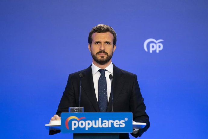 El president del PP, Pablo Casado, a la seu nacional del PP.