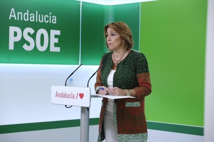 La secretaria general del PSOE-A, Susana Díaz, durante la rueda de prensa telemática