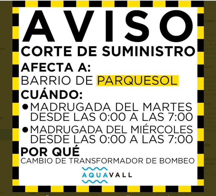 Anuncio de Aquavall del corte de suministro en Parquesol.