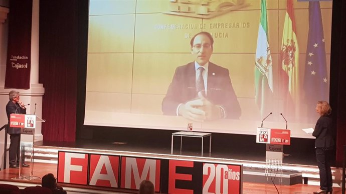 El presidente de la CEA, Javier González de Lara, durante su intervención telemática en la entrega de premios de la Federación Andaluza de Mujeres Empresarias (FAME).