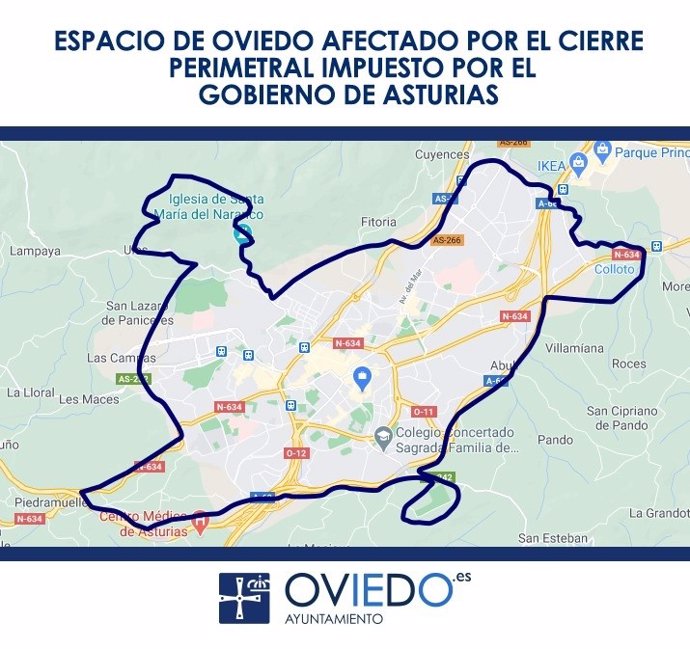 Mapa del cierre perimetral de Oviedo.