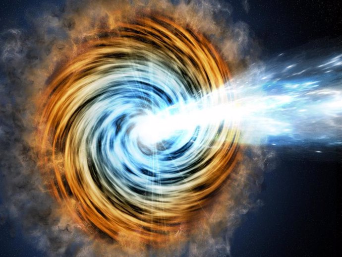 Recreación artística de un blázar, una rara clase de galaxia activa caracterizada por un chorro relativista que apunta en dirección a la Tierra