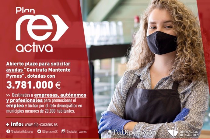 Abierto el plazo para que las pymes soliciten ayudas al empleo del Plan Reactiva d ela Diputación de Cáceres