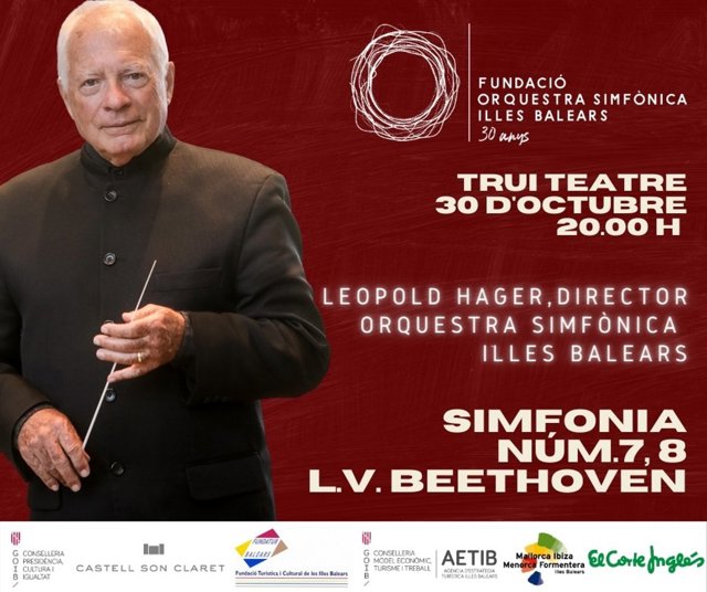 Cartel promocional del concierto de la Orquestra Simfónica de Baleares bajo la batuta del director austriaco Leopoldo Hager.