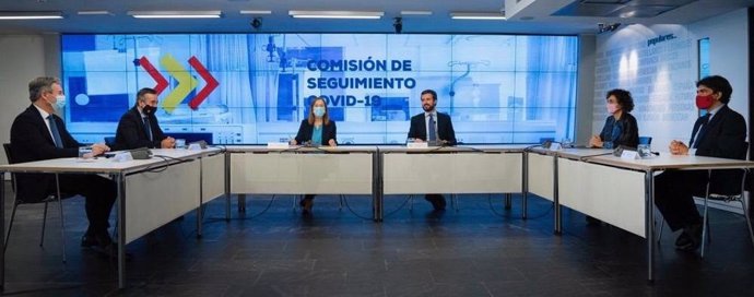 El líder del PP, Pablo Casado, preside la Comisión de Seguimiento del Covid del PP. En  Madrid, a 27 de octubre de 2020.