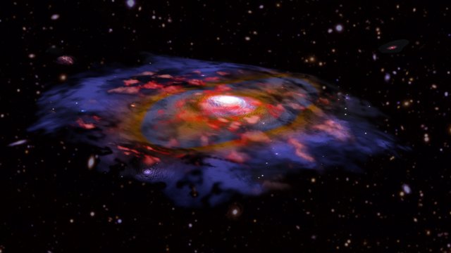 Ilustración artística de una galaxia distante y polvorienta en rotación