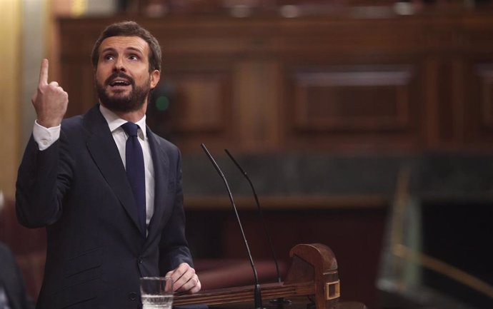 El presidente del PP, Pablo Casado, interviene durante la segunda sesión del pleno en el que se debate la moción de censura planteada por Vox, en el Congreso de los Diputados, Madrid (España), a 22 de octubre de 2020. 
