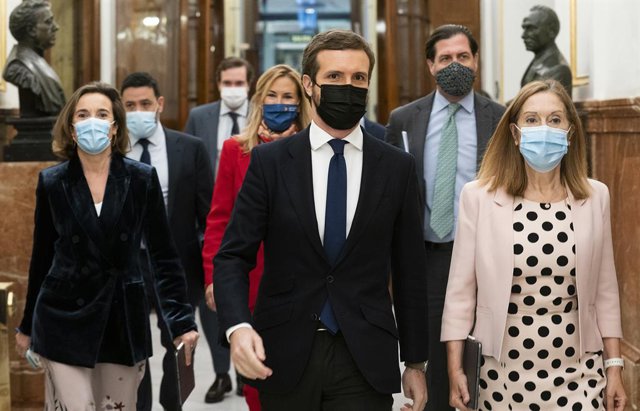 El president del PP, Pablo Casado, arriba al Congrés dels Diputats. Madrid, (Espanya), 14 d'octubre del 2020.