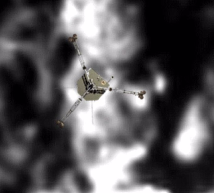 Aterrizador Philae sobre la sombra de calavera en el cometa 67P/CG