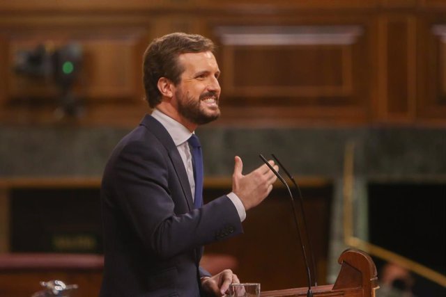 El líder del PP, Pablo Casado, interviene durante una sesión plenaria en la que el Gobierno solicita al Congreso la prórroga del estado de alarma debido a la crisis sanitaria del Covid-19, en Madrid, (España), a 29 de octubre de 2020.