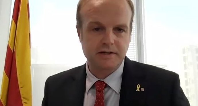 Pla mitj del secretari general de la Vicepresidncia i d'Economia i Hisenda, Albert Castellanos, durant l'acte inaugural de la 31a Trobada Empresarial al Pirineu que s'hs fet de forma virtual. Captura de pantalla del 29 d'octubre de 2020 (Horitzontal).
