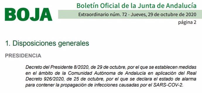 Número extraordinario del Boletín Oficial de la Junta de Andalucía (BOJA) que establece el cierre perimetral de la comunidad y el confinamiento de 449 municipios desde el viernes 30 de octubre al lunes 9 de noviembre