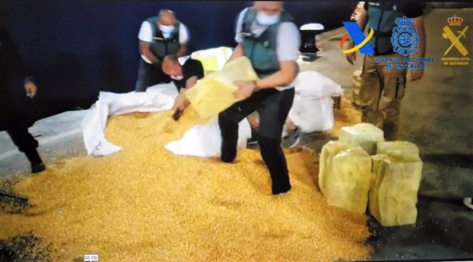 Cocaína intervenida entre sacos de maíz procedente de Brasil con destino a Cádiz
