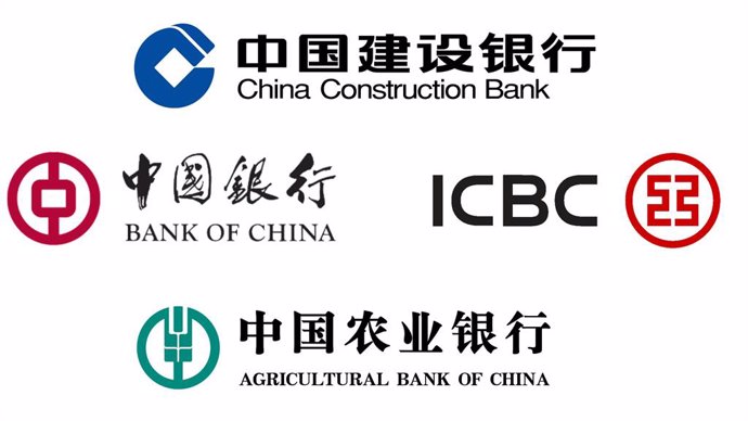 Logos de los cuatro grandes bancos de China: ICBC, Bank of China, China Construction Bank y Agricultural Bank of China. Gran banca china.