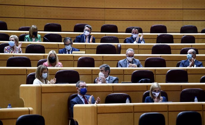 La bancada de los senadores del PP aplaude durante un pleno en la Cámara Baja, en Madrid (España).