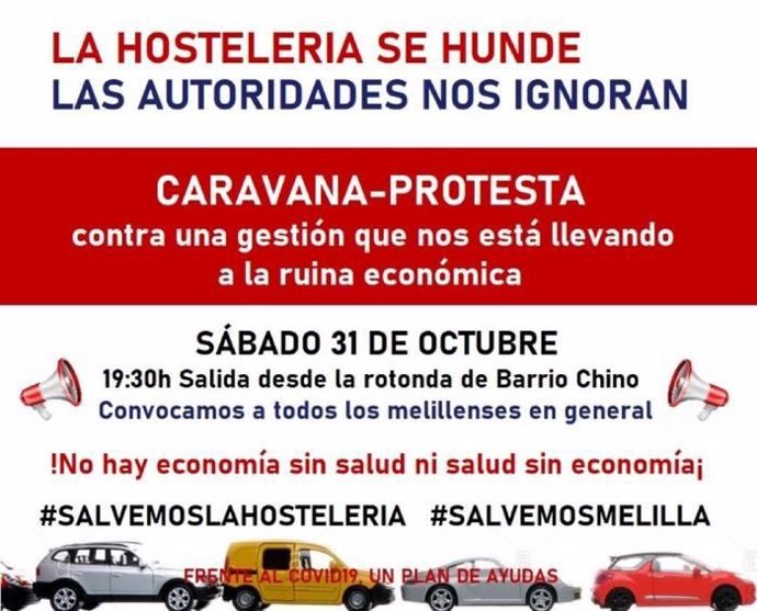 Cartel de la caravana-protesta de la hostelería de Melilla tras la prórroga del cierre total del sector