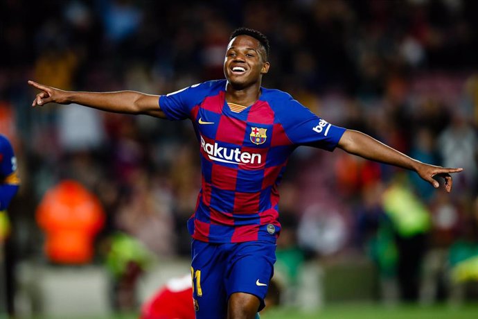 31 Ansu Fati from Spain of FC Barcelona celebrating a goal during the La Liga match between FC Barcelona and Levante UD at Camp Nou on February 02, 2020 in Barcelona, Spain.