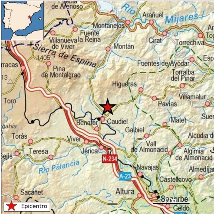 Mapa con el epicentro del terremoto, en los alrededores de Caudiel