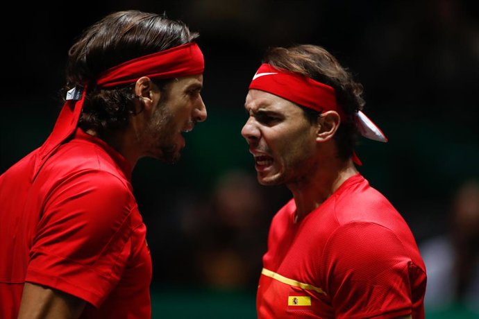Rafael Nadal and Feliciano Lopez of Spain in action during their third round doubles match Semi-Finals played against Neal Skupski and Jamie Murray of England during the Day 6 of the 2019 Davis Cup at La Caja Magica on November 23, 2019 in Madrid, Spain.
