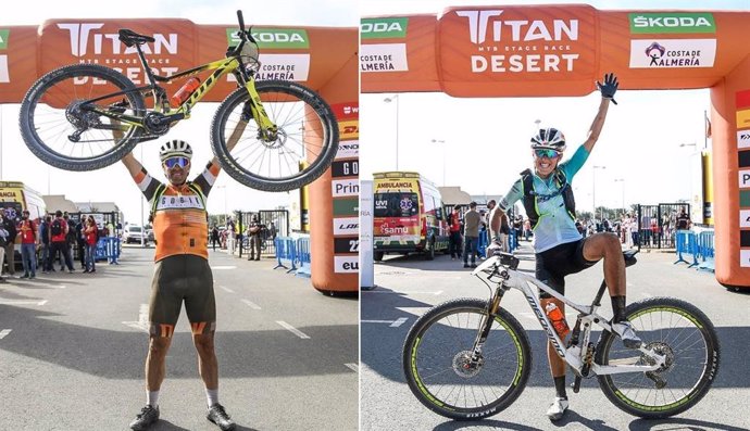 Jesús del Nero y Cludia Galícia, ganadores de la primera etapa de la Titan Desert Almería 2020, disputada en El Toyo sobre 100 kilómetros