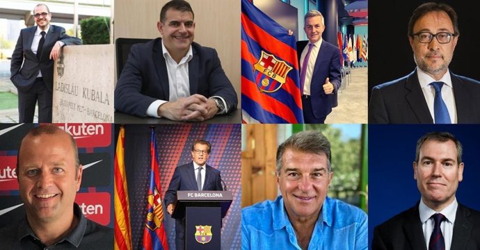 Terna de posibles precandidatos a las elecciones presidenciales del FC Barcelona. De izquierda a derecha y de arriba a abajo: Jordi Farré, Lluís Fernández Al, Víctor Font, Agustí Benedito, Xavier Vilajoana, Toni Freixa, Joan Laporta y Emili Rousaud.