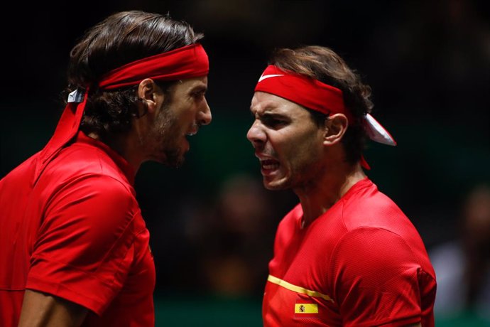 Rafael Nadal and Feliciano Lopez of Spain in action during their third round doubles match Semi-Finals played against Neal Skupski and Jamie Murray of England during the Day 6 of the 2019 Davis Cup at La Caja Magica on November 23, 2019 in Madrid, Spain.