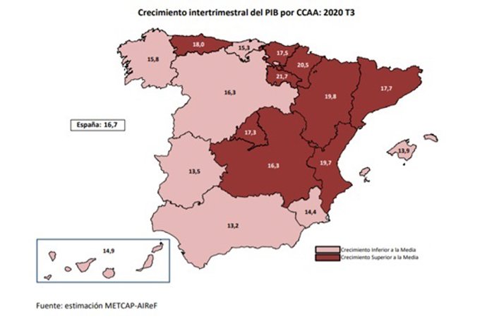 Mapa con las estimaciones de la Airef sobre la caída del PIB en el tercer trimestre.