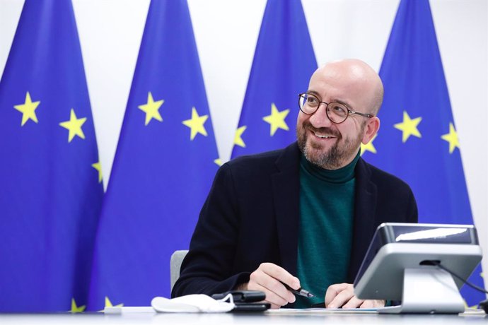 HANDOUT - 19 October 2020, Belgium, Brussels: European Council President Charles Michel attends a video conference with European economists. Photo: Dario Pignatelli/European Council/dpa - ATTENTION: editorial use only and only if the credit mentioned ab