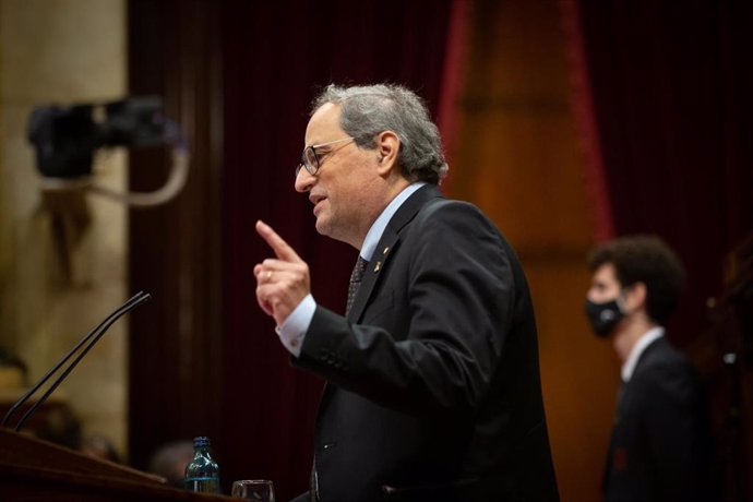 El ya expresidente de la Generalitat Quim Torra interviene durante una sesión plenaria monográfica en el Parlament sobre su inhabilitación, en Barcelona, Catalunya (España), a 30 de septiembre de 2020.