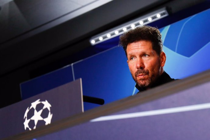 Diego Pablo Simeone, head coach of Atletico de Madrid, attends during the Press Conference of Atletico de Madrid before the UEFA Champions League football match against Lokomotiv Moscow at Wanda Metropolitano Stadium on December 10, 2019, in Madrid, Spa