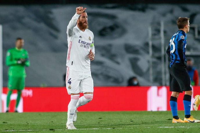 Sergio Ramos of Real Madrid celebrates a goal during the UEFA Champions League, Group B, football match played between Real Madrid and FC Internazionale Milano at Alfredo Di Stefano stadium on November 03, 2020, in Valdebebas, Madrid, Spain.