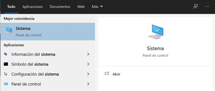 Págian de Sistema en Panel de Control