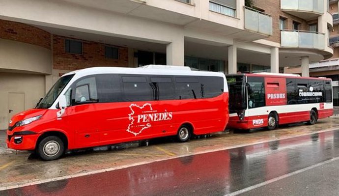 Pla general del nou vehicle de bus a demanda del Vendrell, davant d'un vehicle de la línia convencional. Imatge del 4 de novembre del 2020 (horitzontal)