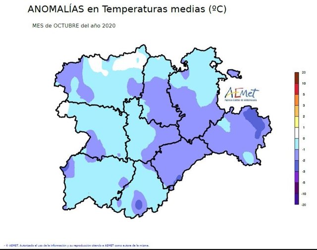 Mapa elaborado por la Aemet sobre las tempetaturas registradas en octubre de 2020 en CyL