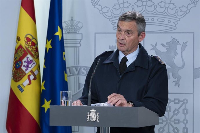 El general del Ejército del Aire Miguel Ángel Villarroya, durante una comparecencia en el Palacio de la Moncloa