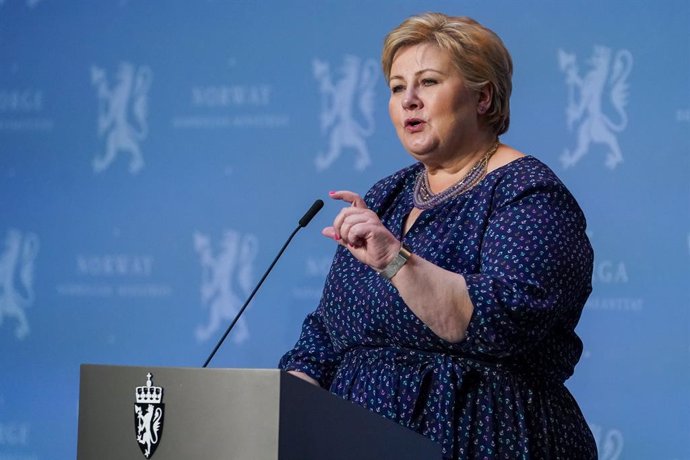 07 May 2020, Norway, Oslo: Norway's Prime Minister Erna Solberg speaks during the government's press conference on further easing of coronavirus measures. Norway announced it would reopen all schoolsas of Monday after eight weeks of closure due to the 