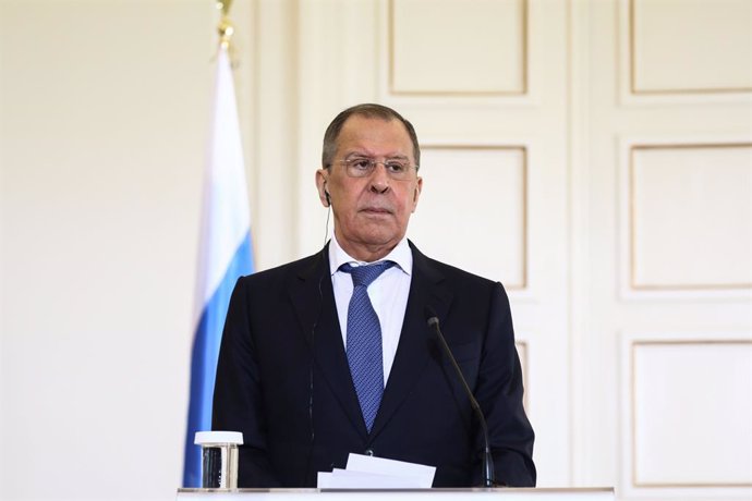 HANDOUT - 26 October 2020, Greece, Athens: Russian Foreign Minister Sergey Lavrov attends a joint press conference with Greek Foreign Minister Nikos Dendias (not pictured) following their meeting at the Foreign Ministry in Athens. Photo: -/Russian Forei