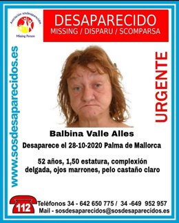 Alerta de desaparición de una mujer de 52 años en Palma el pasado 28 de octubre.