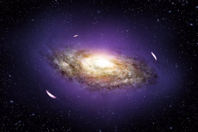 Impresión artística de una galaxia rodeada de distorsiones gravitacionales debido a la materia oscura.