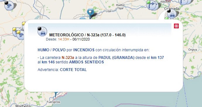 Mensaje sobre corte de carretera por incendio en desguace de Otura
