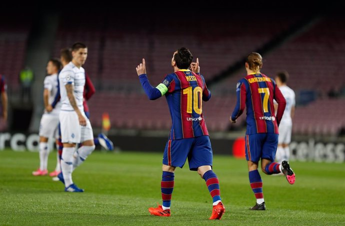 04 November 2020, Spain, Barcelona: Barcelona's Lionel Messi celebrates scoring his side's first goal during the UEFA Champions League Group G soccer match between FC Barcelona vs FC Dynamo Kyiv at Camp Nou. Photo: -/DAX via ZUMA Wire/dpa
