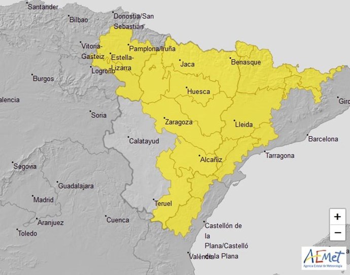 Aviso amarillo por lluvias en buena parte de Aragón y por viento en el Pirineo y en Cinco Villas.