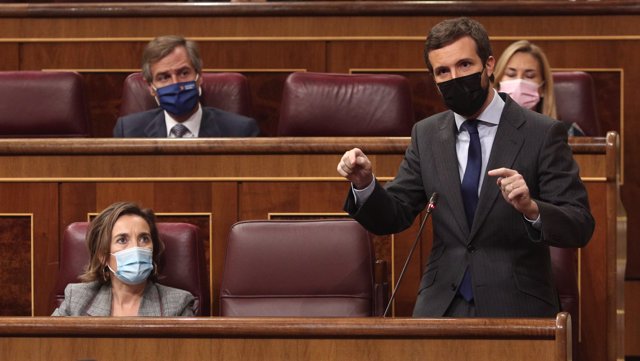 El líder del PP, Pablo Casado, interviene en una sesión de control al Gobierno en el Congreso de los Diputados, en Madrid, (España), a 28 de octubre de 2020
