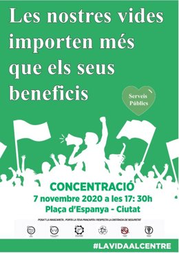 Cartel de la convocatoria de la concentración de La Vida al Centre bajo el lema "nuestras vidas importan más que sus beneficios".