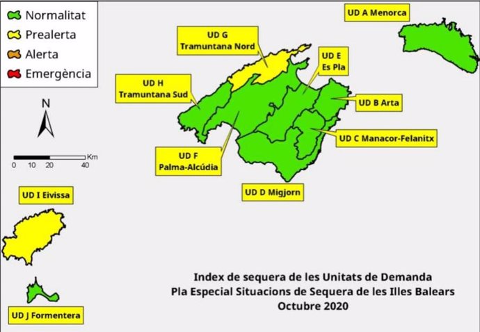 Mapa del índice de sequía de las Unidades de Demanda de Baleares en octubre.