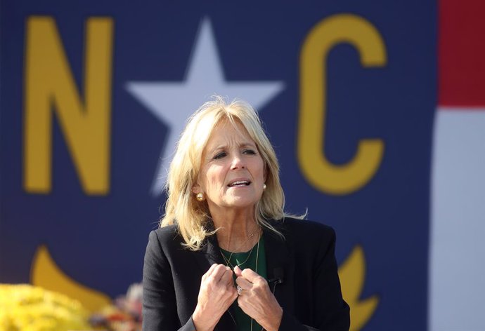 31 October 2020, US, Greensboro: Jill Biden, wife of Former Vice President and Democratic Presidential candidate Joe Biden, speaks during a Get Out the Vote Drive-In rally at the Greensboro Coliseum in North Carolina. Photo: Bob Karp/ZUMA Wire/dpa