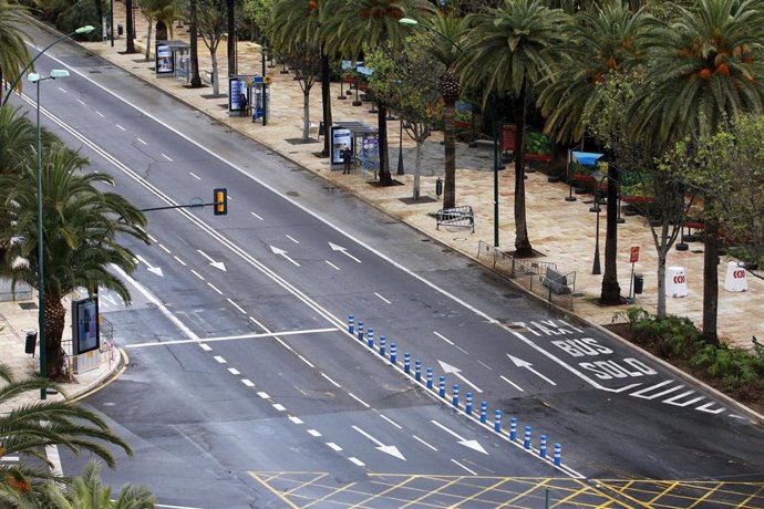 Vistas de calles y avenidas vacías por el Estado de Alarma por el Gobierno español a causa de la pandemia del COVID-19,  en la imagen Paseo del Parque . Málaga a 29 de marzo del 2020 (Foto de archivo).