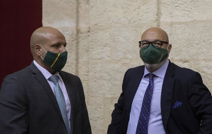 El portavoz del grupo parlamentario Vox, Alejandro Hernández (d) y el diputado Rodrigo Alonso (i.)