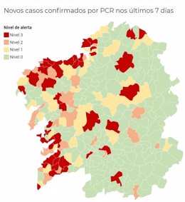 Mapa de municipios de Galicia en alerta por la incidencia del coronavirus, a 9 de noviembre de 2020.