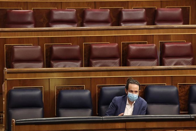 El vicepresidente segundo del Gobierno, Pablo Iglesias, durante el pleno en el que se debate la moción de censura planteada por Vox, en el Congreso de los Diputados.